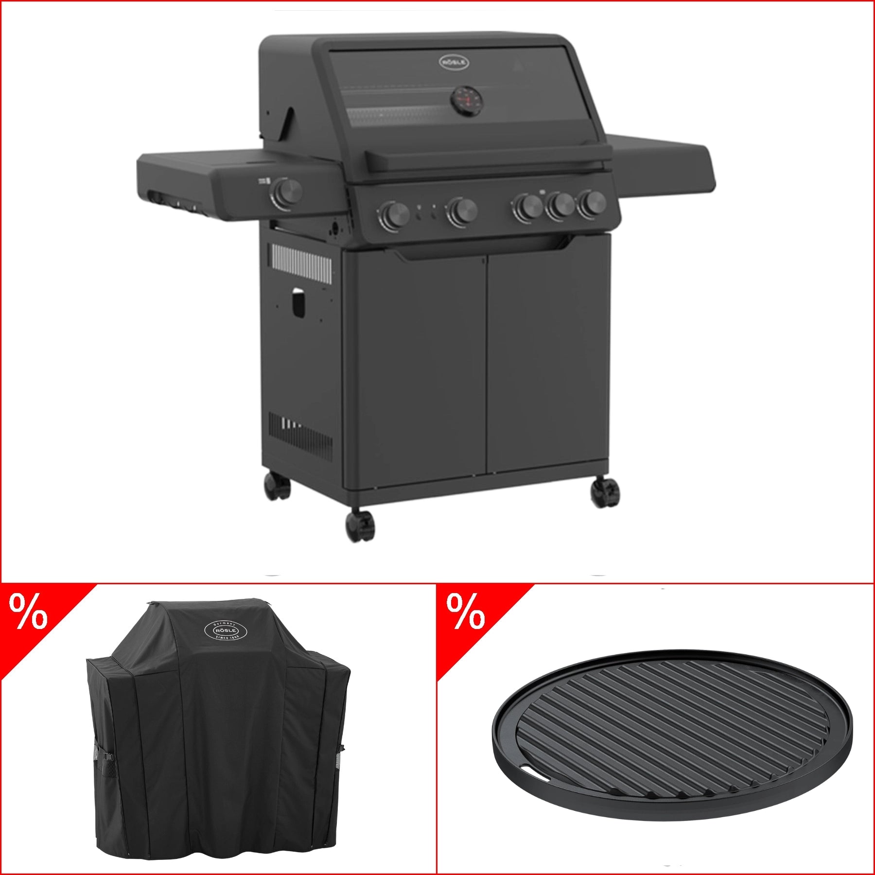 Rösle AllFlame Hero 4 Brenner Gasgrill – 50mbar Bundle mit Grillplatte rund