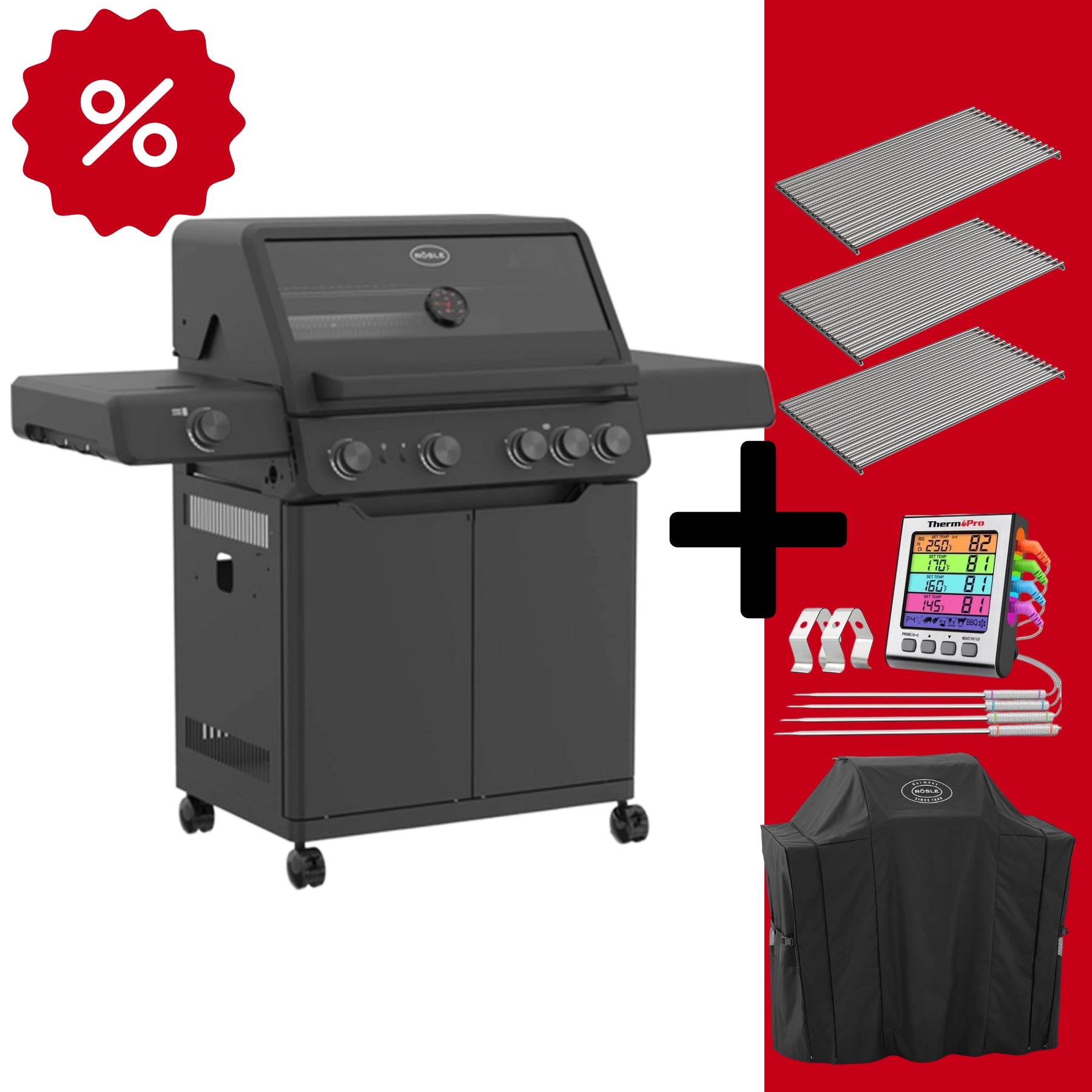 Rösle Gasgrill ALLFLAME Hero 4 - Unsere Alternative zu GRILLFÜRST EDITION mit Edelstahlrosten - inkl. Abdeckhaube und Outdoorchef Easy Check Thermometer Dual 251173-Easy 1000038006 - AlleFlame Hero 4 GRILLGOODS EDITION