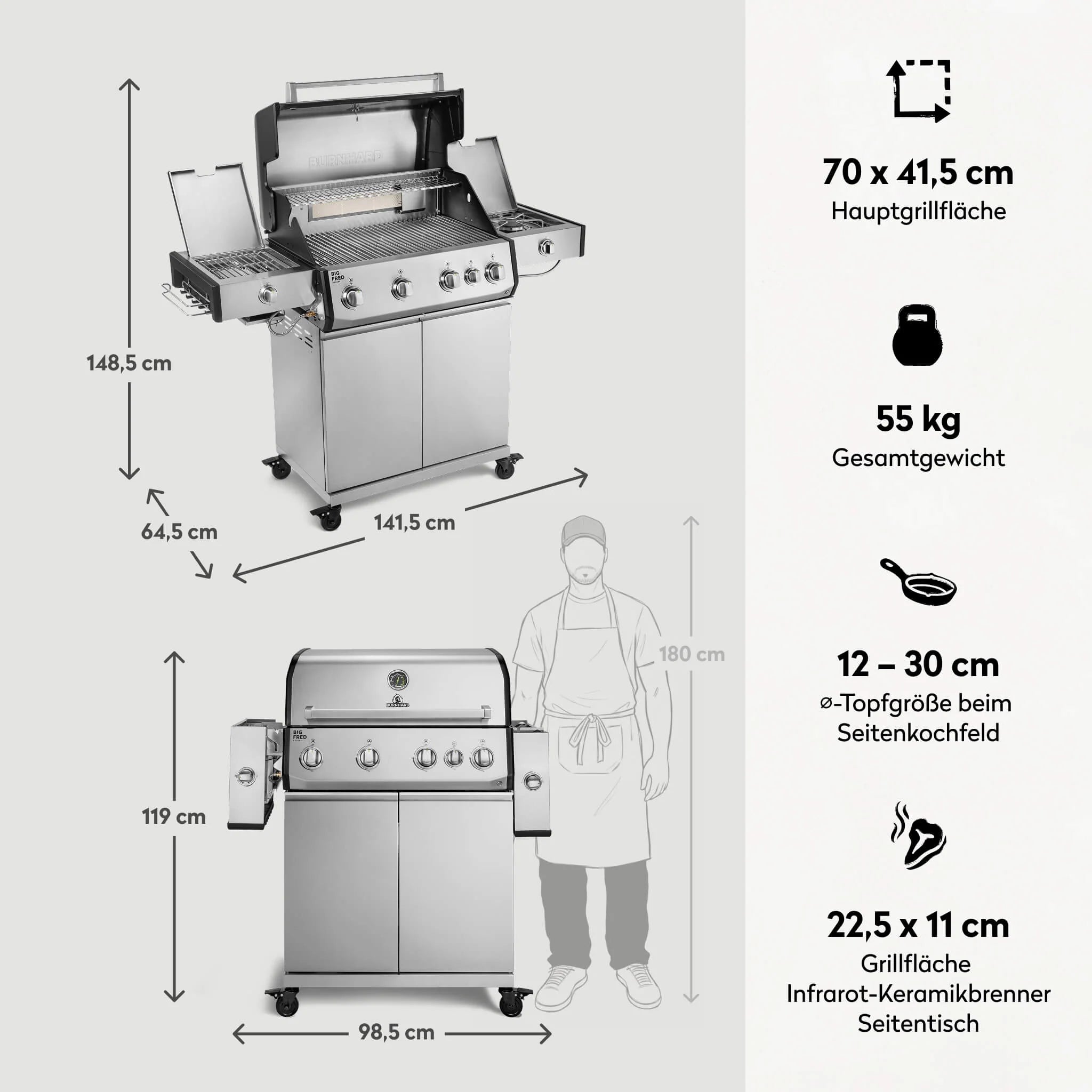 Burnhard Big FRED Deluxe+ Gasgrill Edelstahl 4-Brenner mit Edelstahlrost Series 4