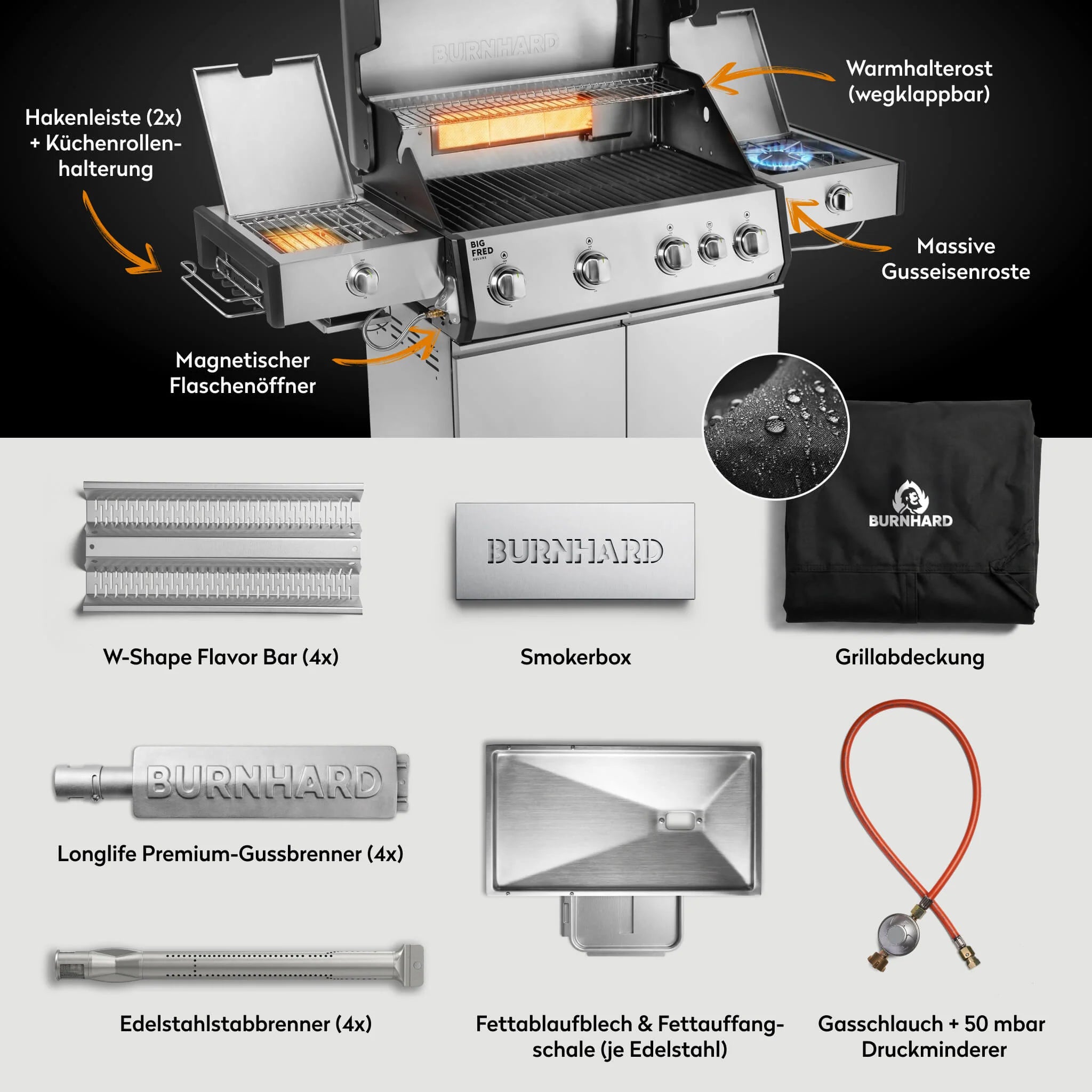 Burnhard Big FRED Deluxe+ Gasgrill Edelstahl 4-Brenner mit Gusseisenrost Series 4