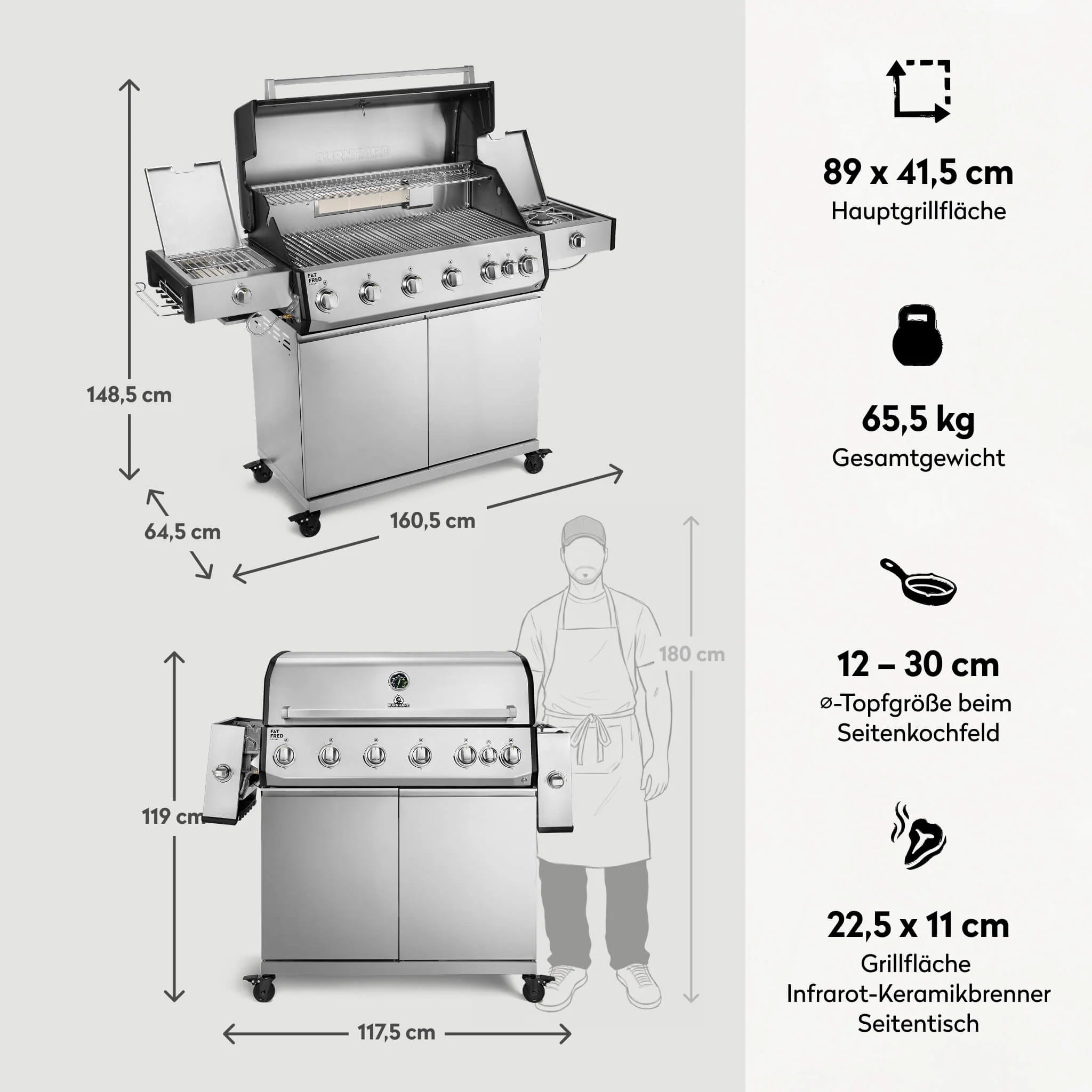 Burnhard Fat FRED Deluxe Gasgrill 6-Brenner Edelstahl mit Edelstahlrost Series 4