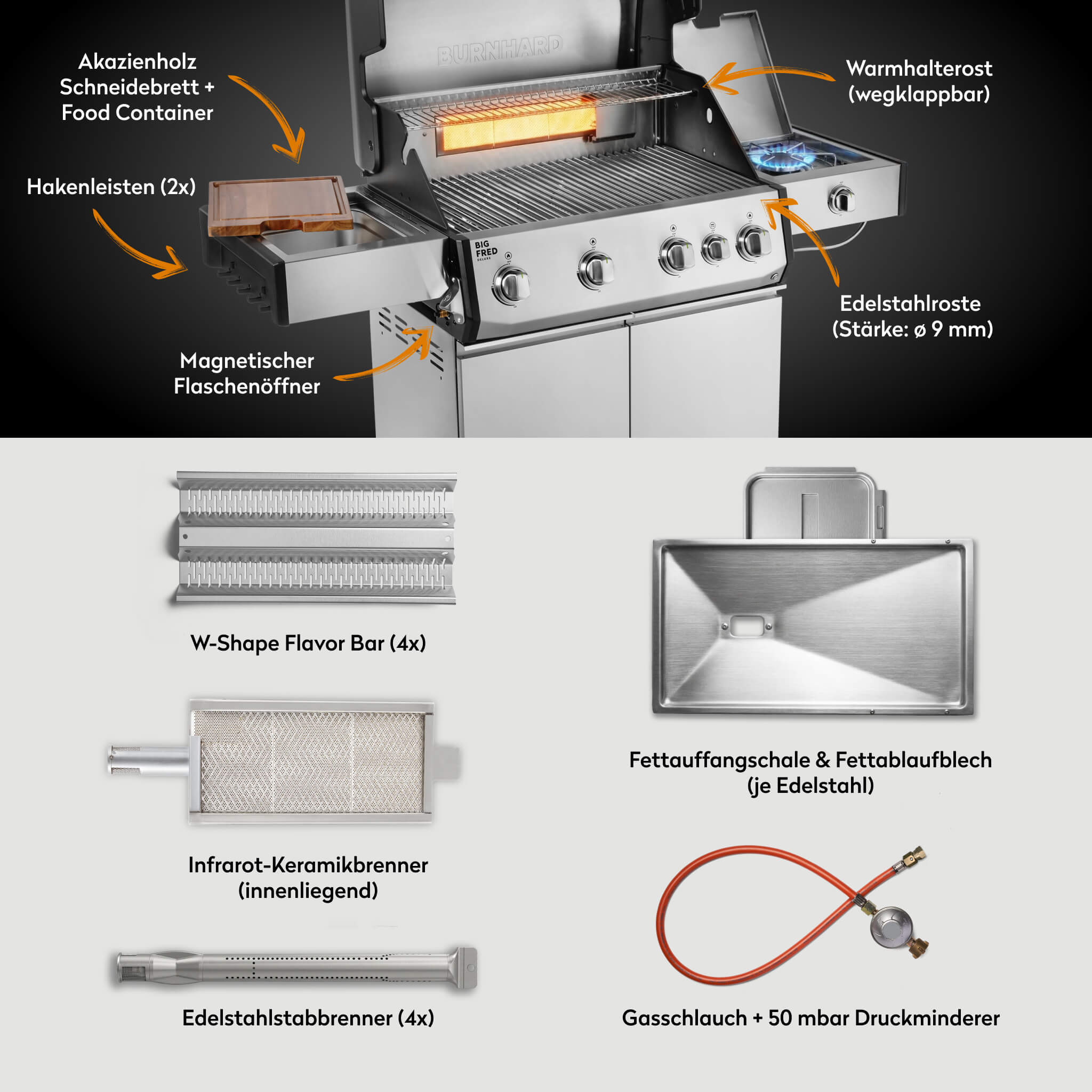 Burnhard Big FRED Deluxe Gasgrill Edelstahl 4-Brenner mit Edelstahlrost Series 4