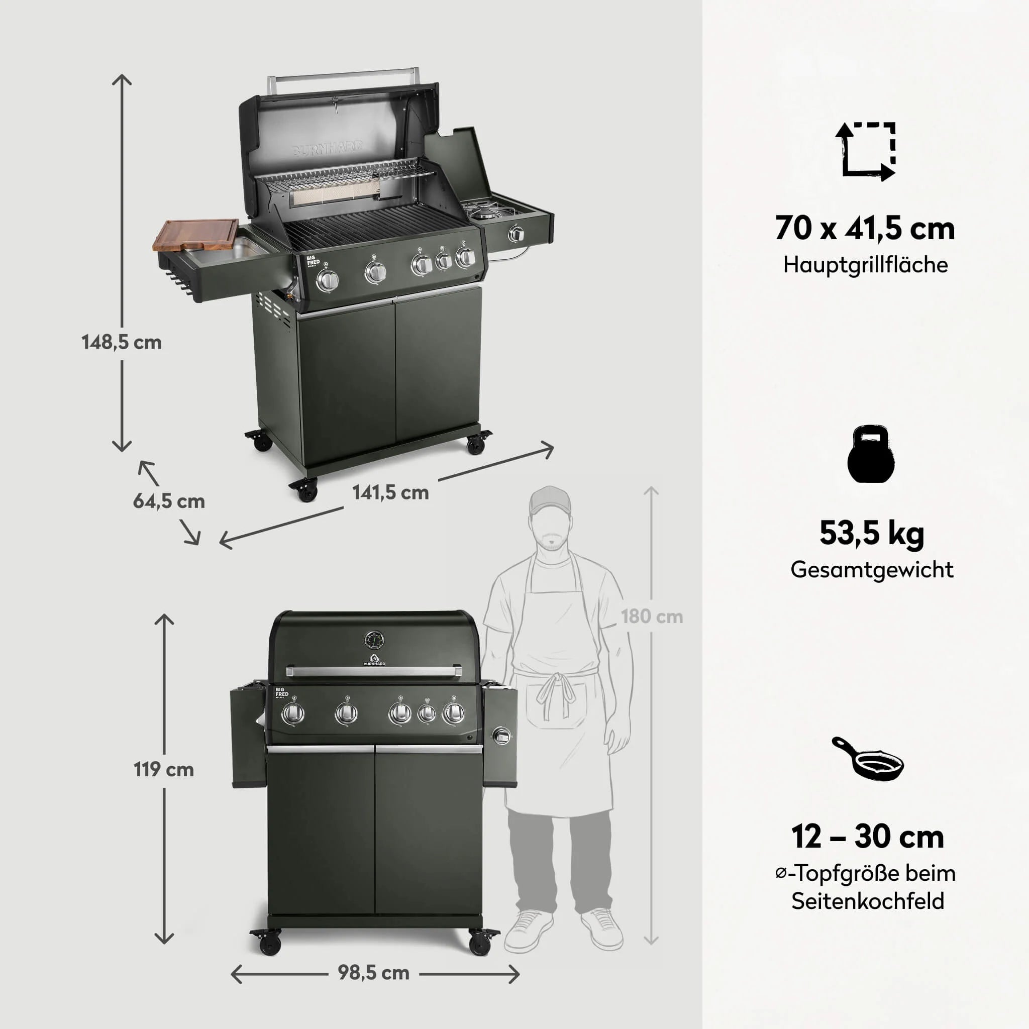 Burnhard Big FRED Deluxe Gasgrill Green Edition 4-Brenner mit Gusseisenrost Series 4