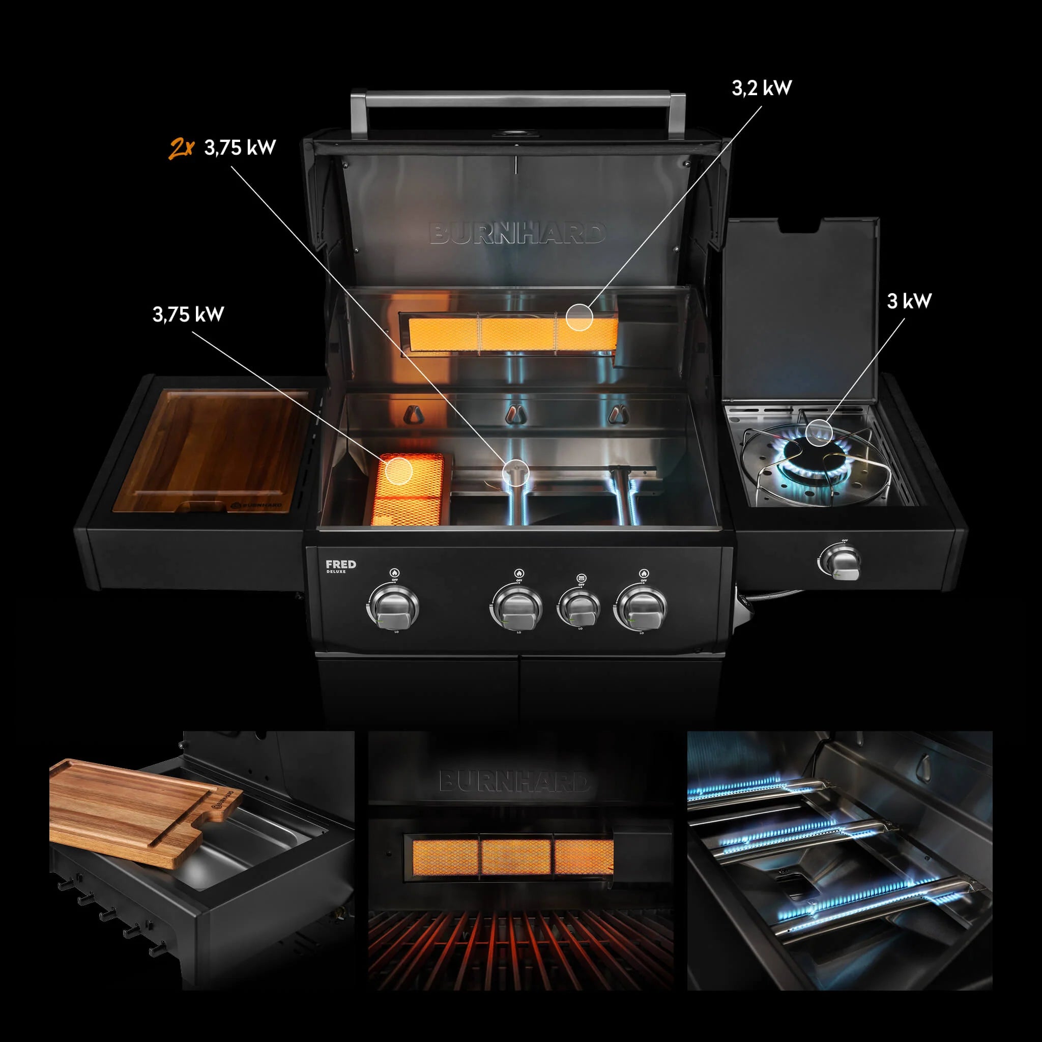 Burnhard FRED Deluxe Gasgrill 3-Brenner Black Edition mit Gusseisenrost Series 4
