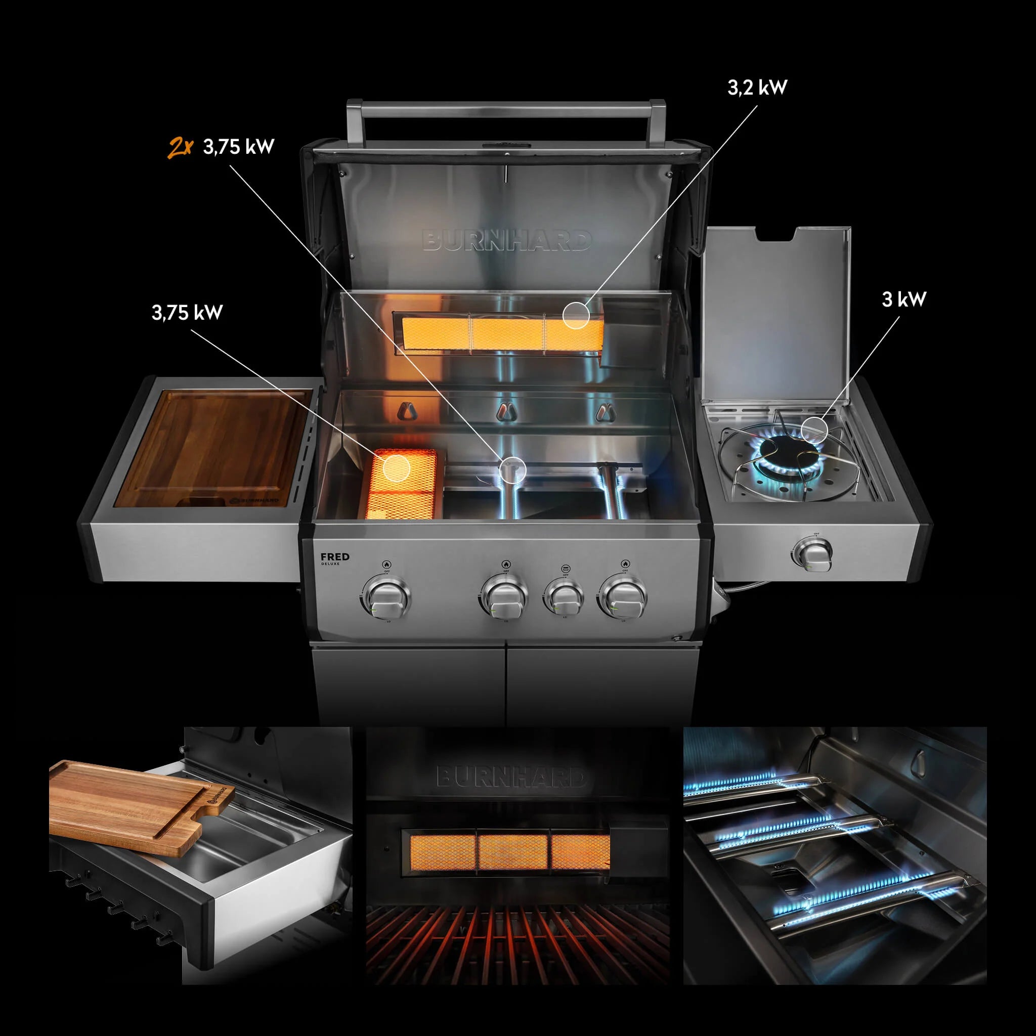 Burnhard FRED Deluxe Gasgrill 3-Brenner Edelstahl mit Gusseisenrost Series 4