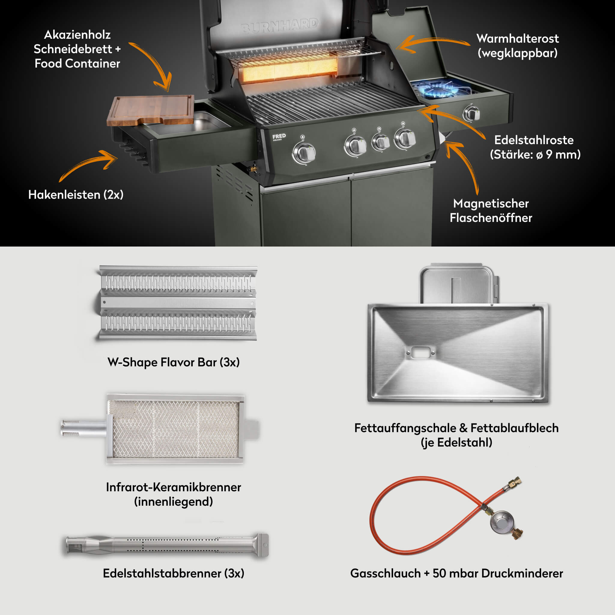 Burnhard FRED Deluxe Gasgrill 3-Brenner Edelstahl mit Gusseisenrost Series 4