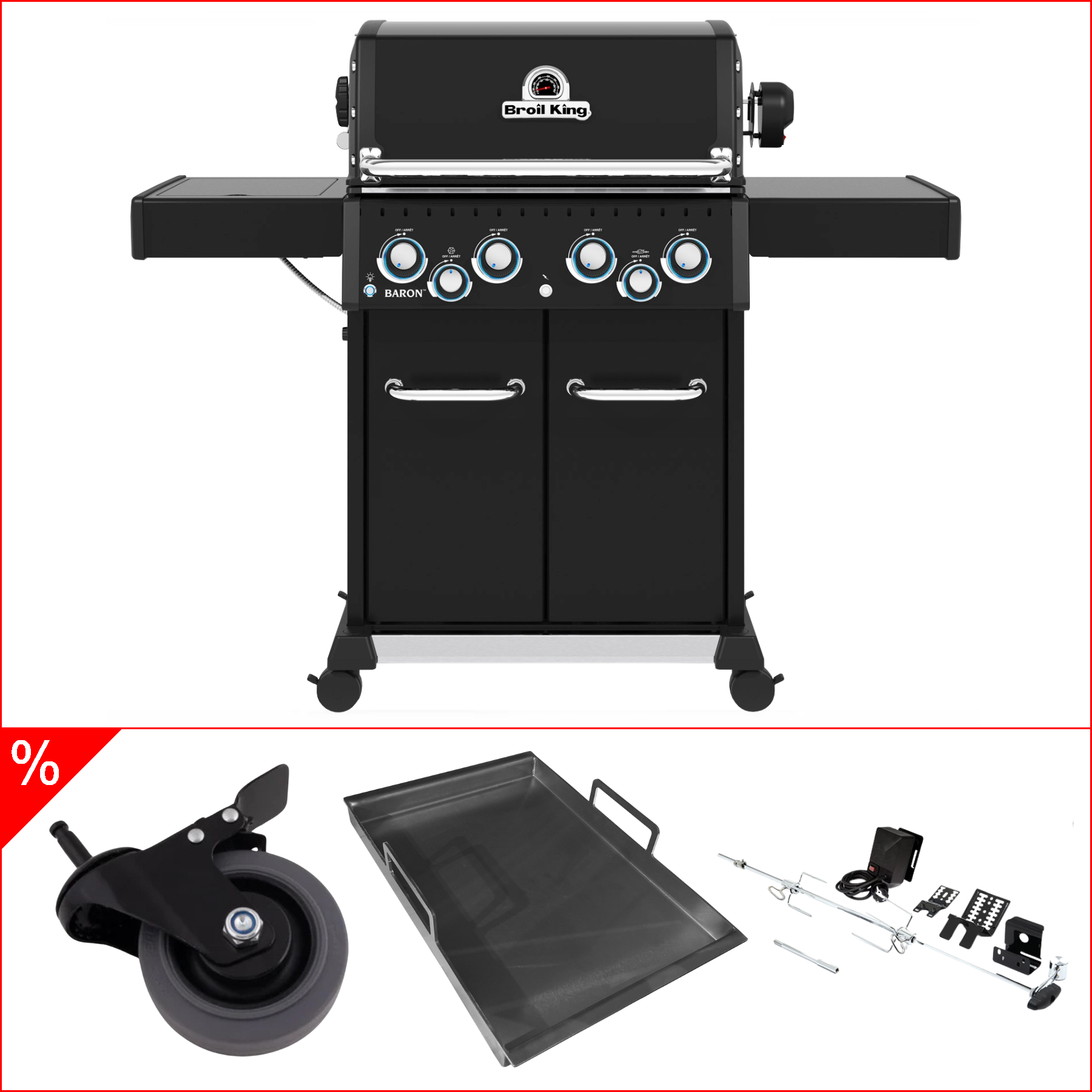 Broil King Baron 490 IR Shadow inkl. Einsatzpfanne, Premium Lenkrollen, Drehspieß & Infrarot-Seitenbrenner