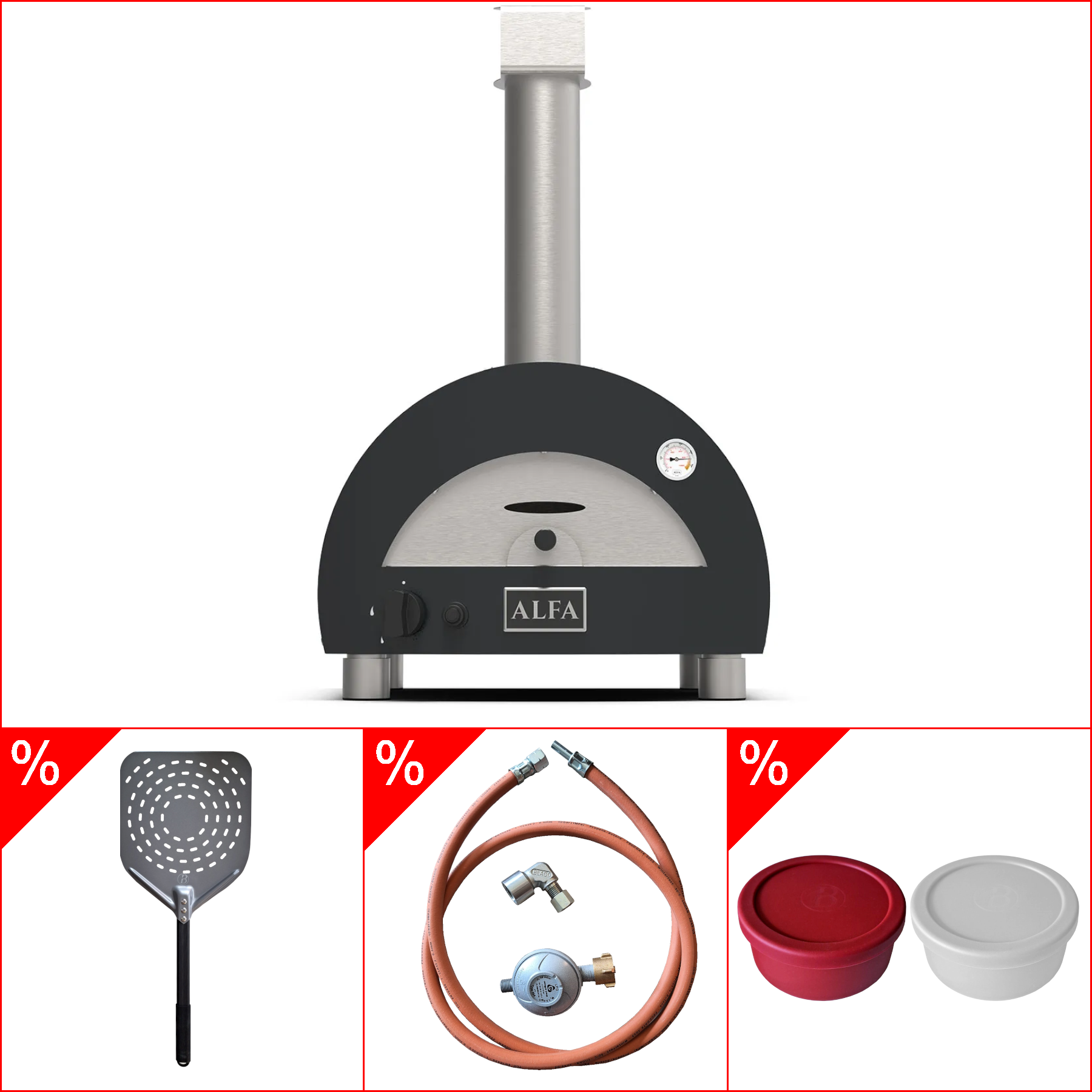 Alfa Forni Portable, Gas in GRAU inkl. Gasanschluss-Set, Pizzaschaufel & Pizzaballenbox Set