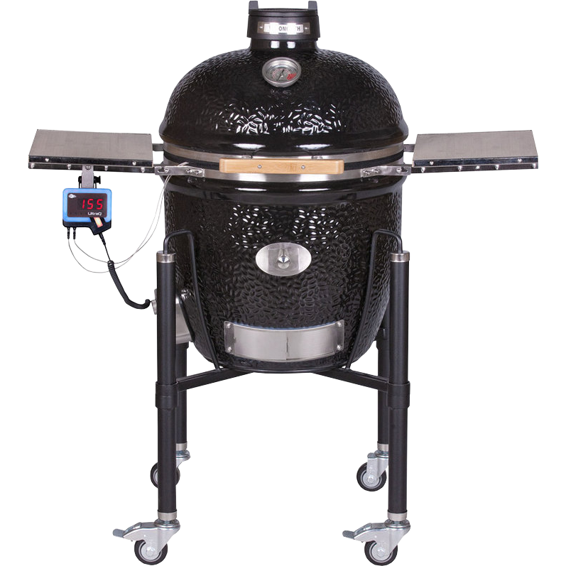 Monolith Grill Classic BBQ Guru Pro 2.0, Schwarz mit Gestell und Seitentische