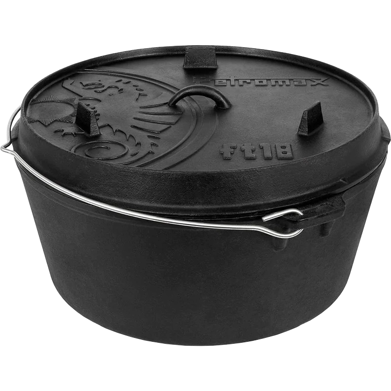 Produktbild gusseiserner 18er Dutch Oven ohne Füße, mit Deckel und Henkel in Frontansicht von Petromax