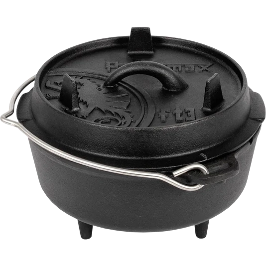 Produktbild gusseiserner 3er Dutch Oven mit Füßen, Deckel und Henkel in Frontansicht von Petromax