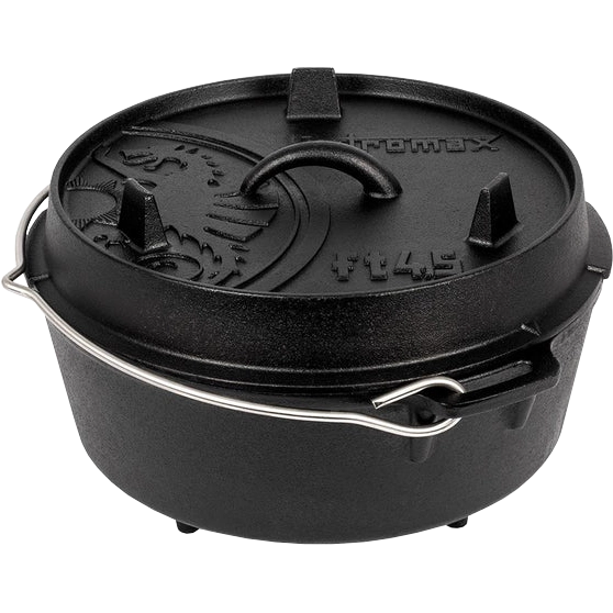 Produktbild gusseiserner 4,5er Dutch Oven mit Füßen, Deckel und Henkel in Frontansicht von Petromax