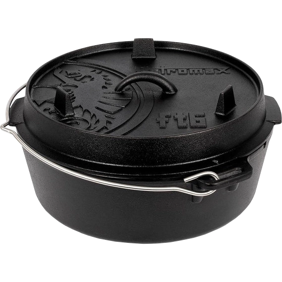 Produktbild gusseiserner 6er Dutch Oven ohne Füße, mit Deckel und Henkel in Frontansicht von Petromax