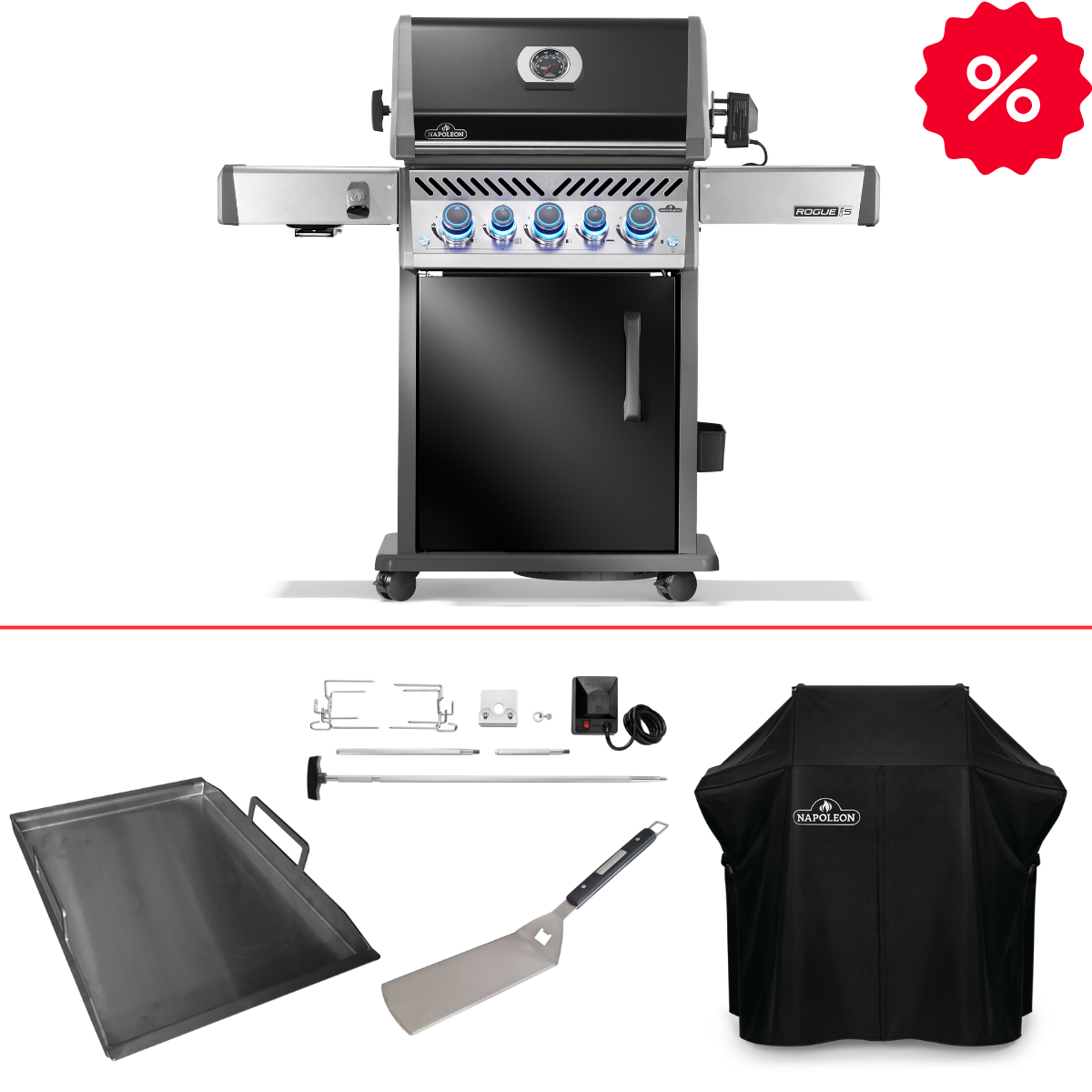 Napoleon Rogue PRO-S 425 Schwarz inkl. Rotisserie, Abdeckhaube, Einsatzpfanne und Wender