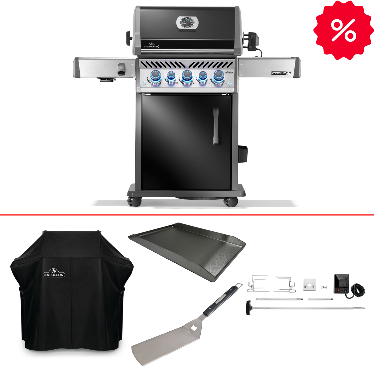 Napoleon Rogue PRO-S 425 Schwarz inkl. Rotisserie, Abdeckhaube, Plancha und Wender