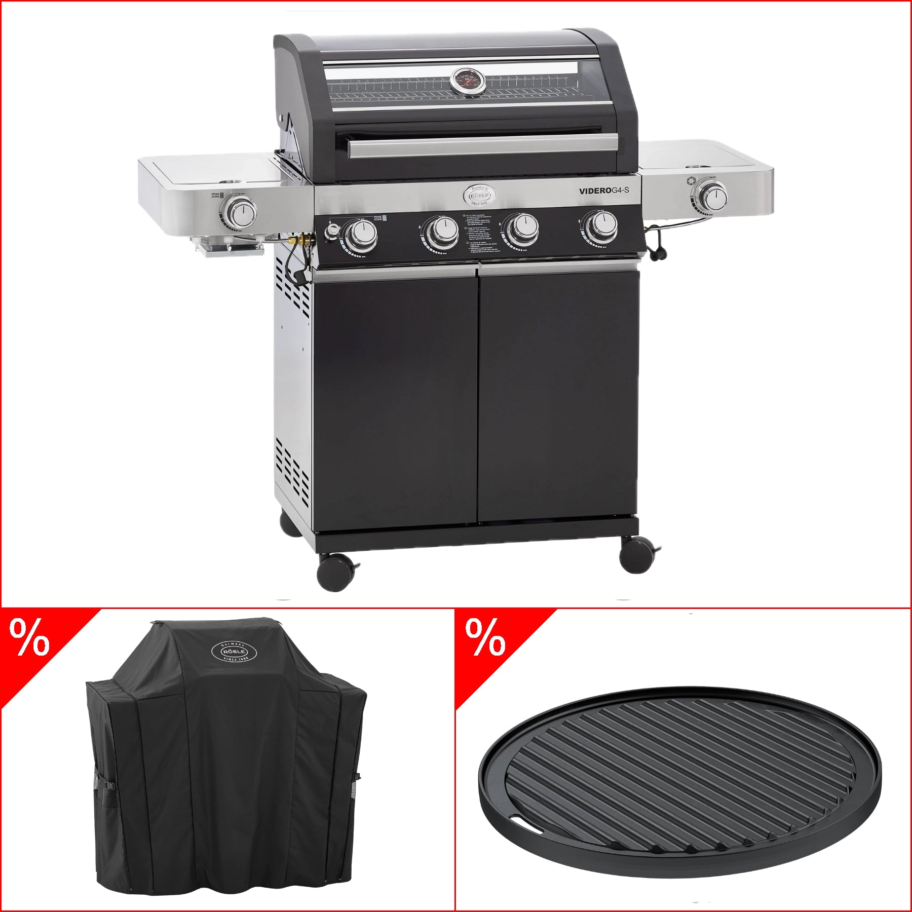 Rösle Gasgrill VIDERO G4-S Vario + 50 mbar inkl. Abdeckhaube und Grillplatte rund