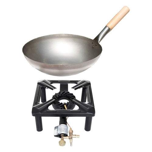 Paella World Hockerkocher-Set klein 30x30x14 cm mit Stahl-Wok Ø 30 cm und Zündsicherung