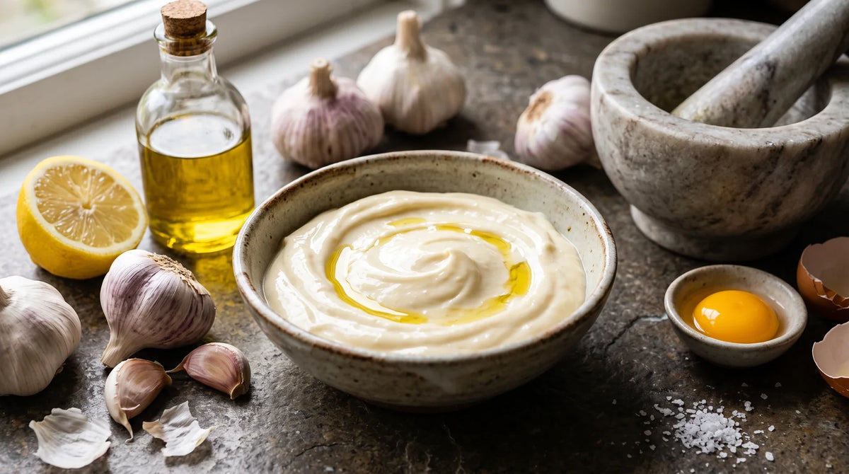 Schale mit cremiger Aioli, umgeben von Knoblauch, Olivenöl, Zitrone und Eigelb
