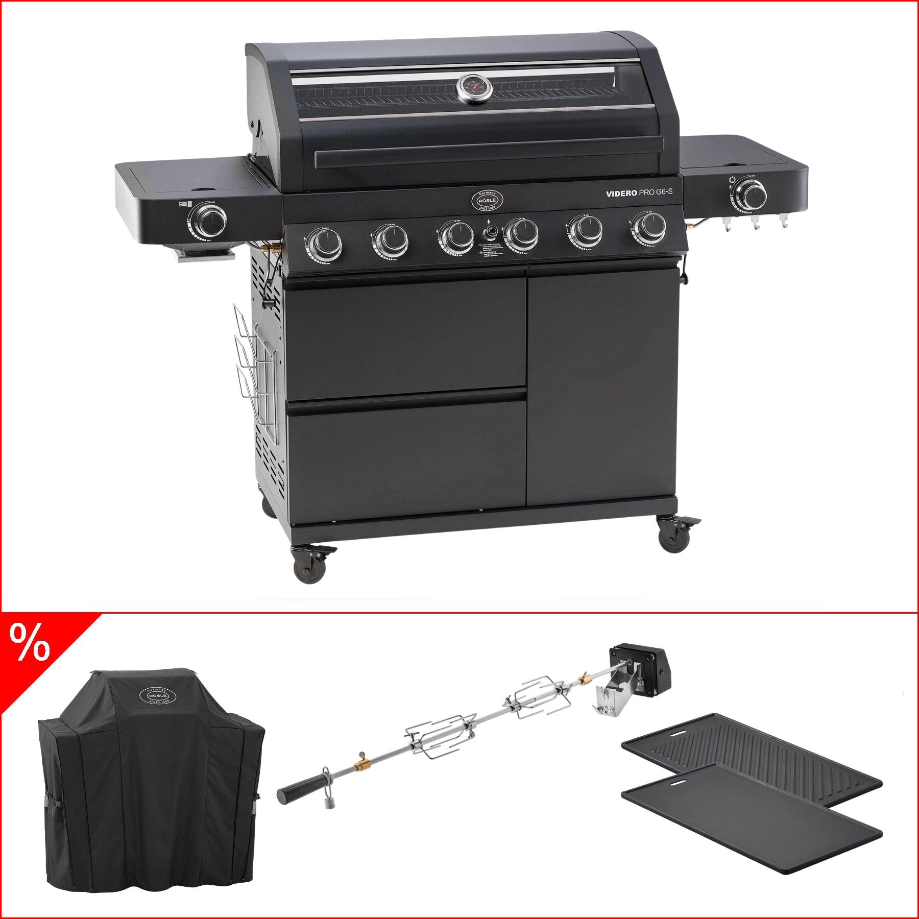 Rösle Videro Pro G6-S Vario+ 50mbar inkl. Abdeckhaube Grillplatte, eckig & Rotisserie