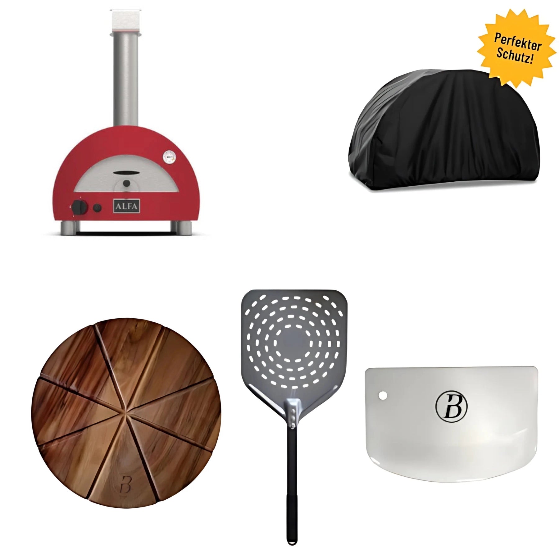 Alfa Portable ROT inkl. Abdeckhaube, Babossa Pizzaschaufel, Teigschaber 2 Stk. & Pizzabrett