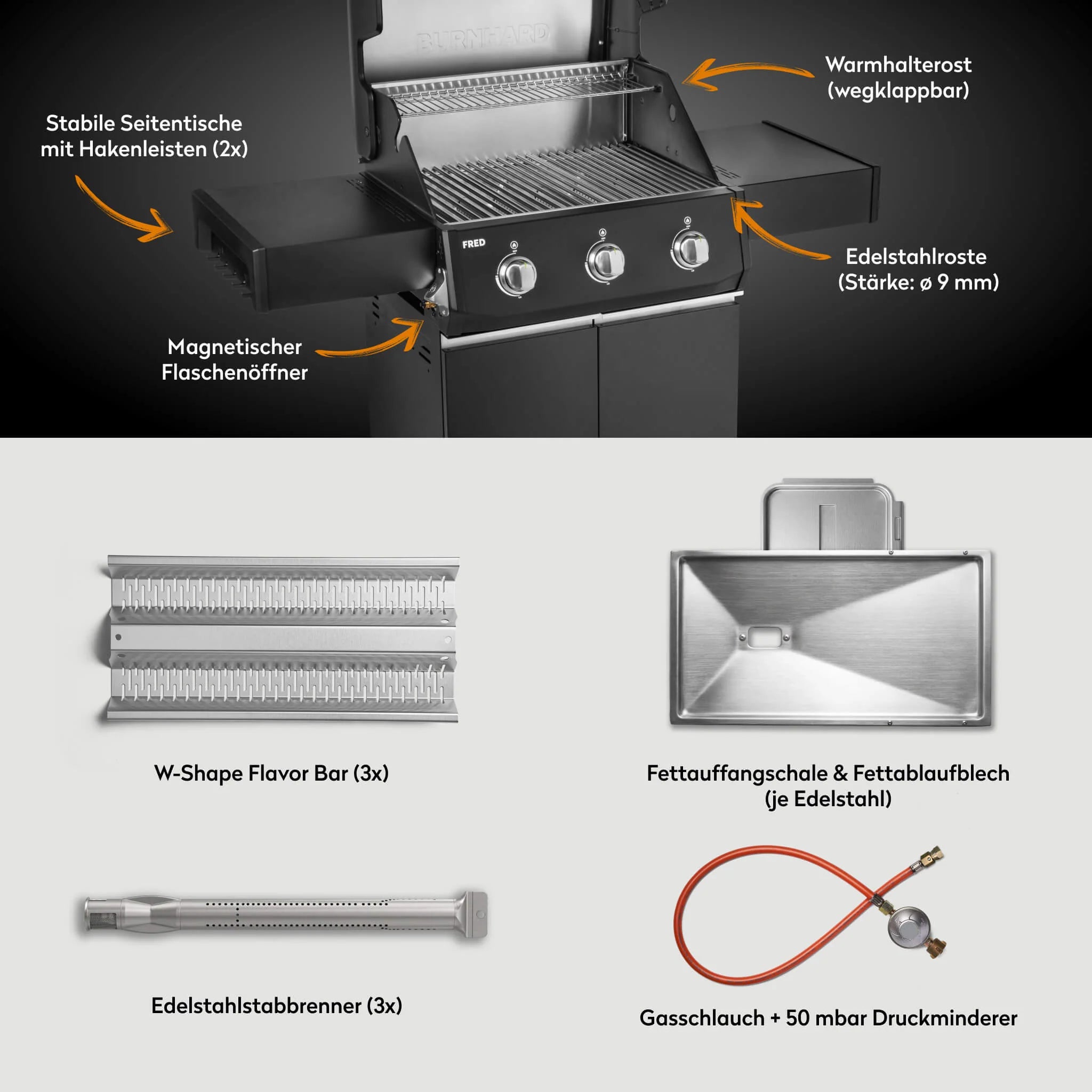 Burnhard FRED Base Gasgrill 3-Brenner mit Edelstahlrost Series 4