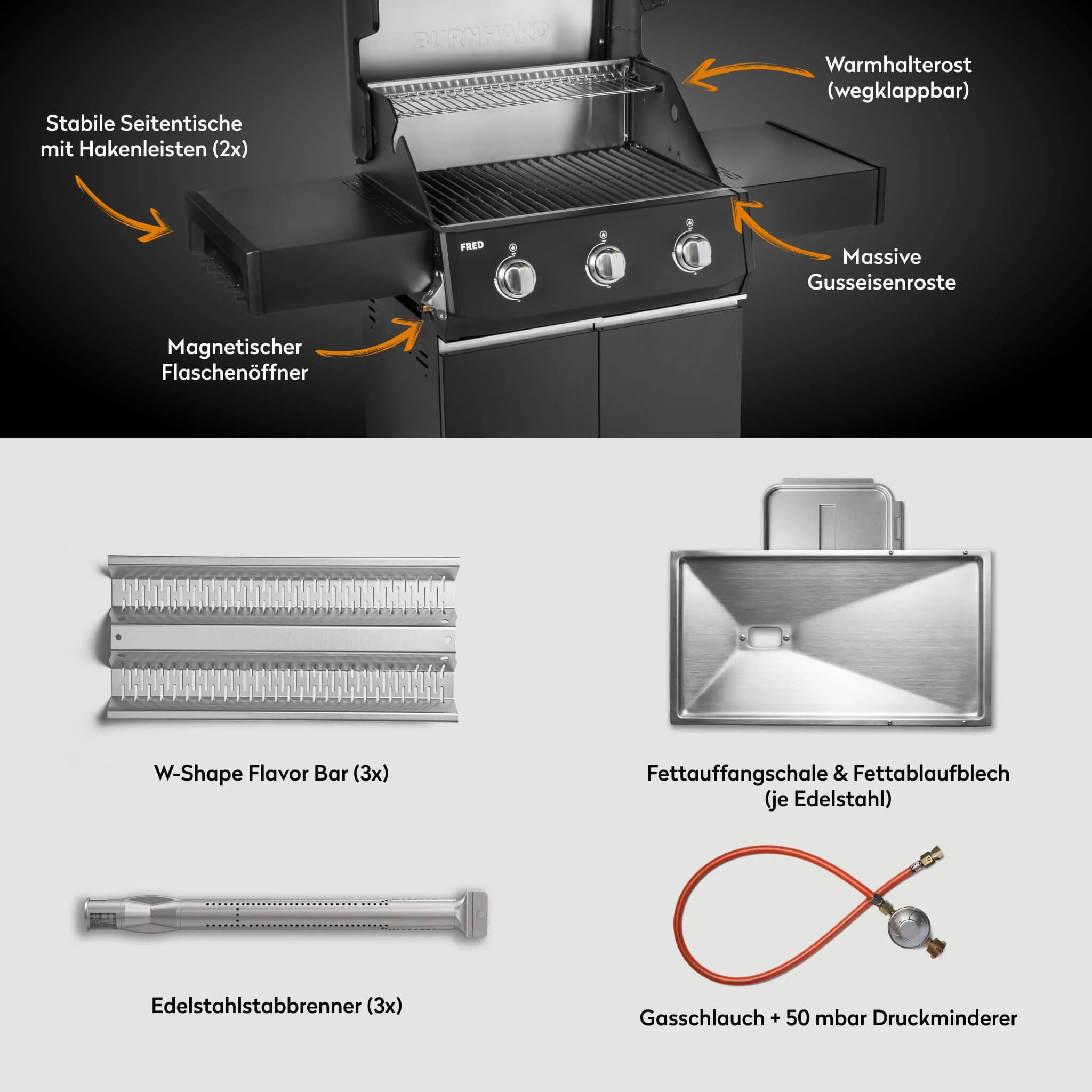 Burnhard FRED Base Gasgrill 3-Brenner mit Gusseisenrost Series 4
