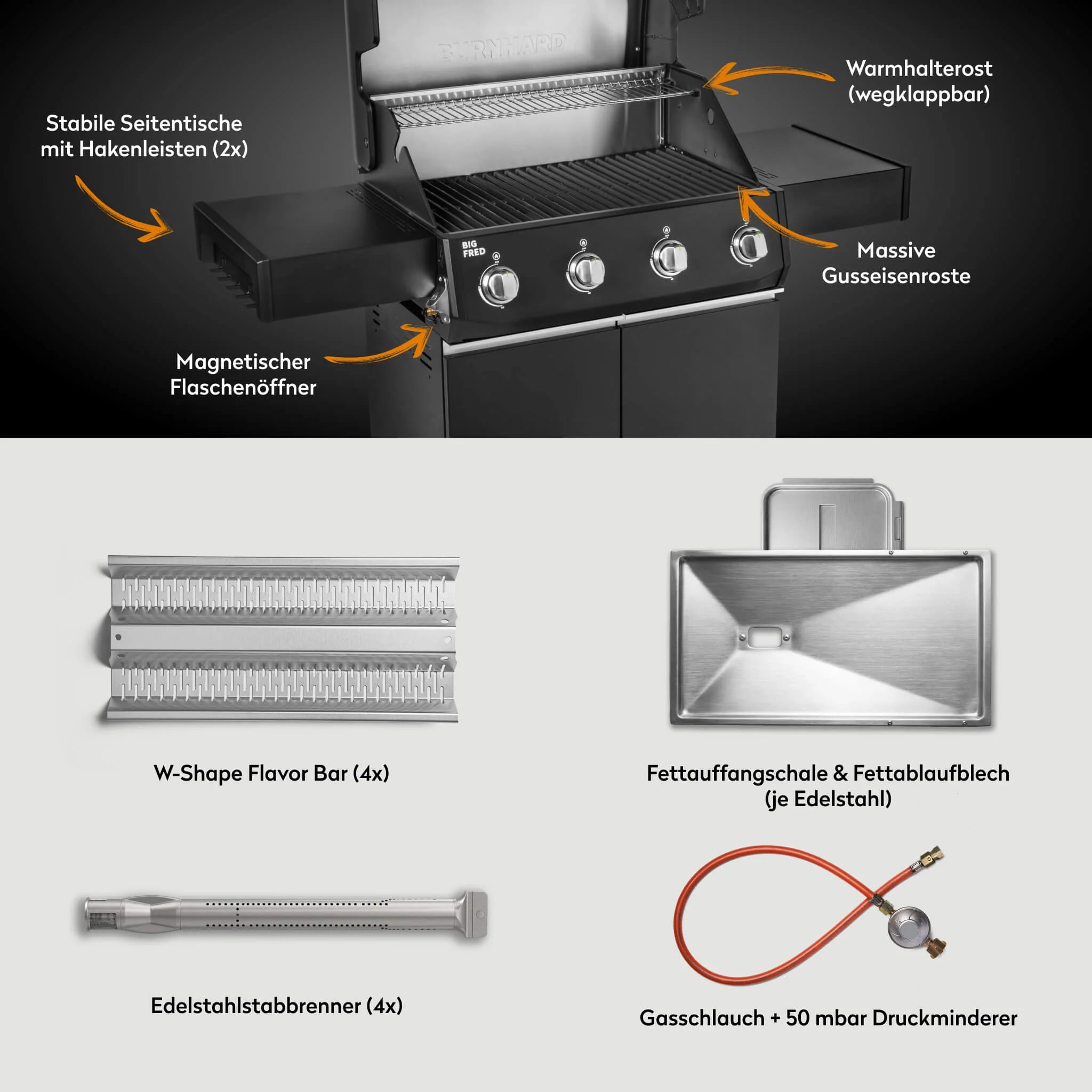 Burnhard Big FRED Base Gasgrill 4-Brenner Basic mit Gusseisenrost Series 4