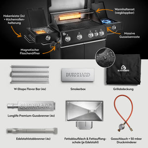Burnhard Big FRED Deluxe Gasgrill Black Edition 4-Brenner mit Gusseisenrost Series 4