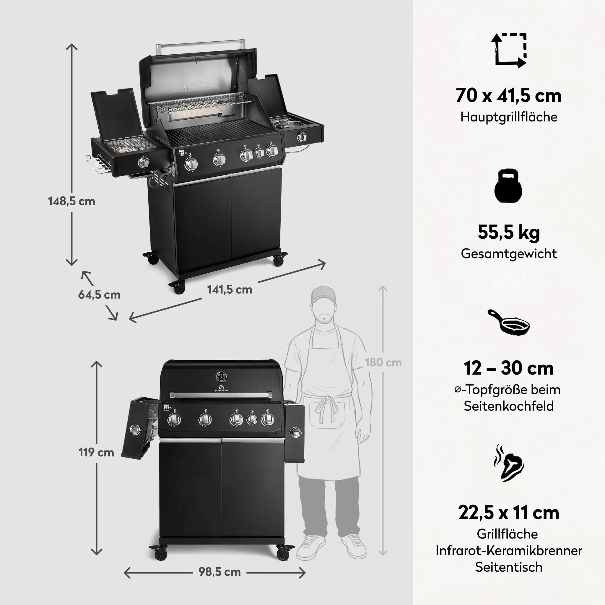 Burnhard Big FRED Deluxe Gasgrill Black Edition 4-Brenner mit Gusseisenrost Series 4