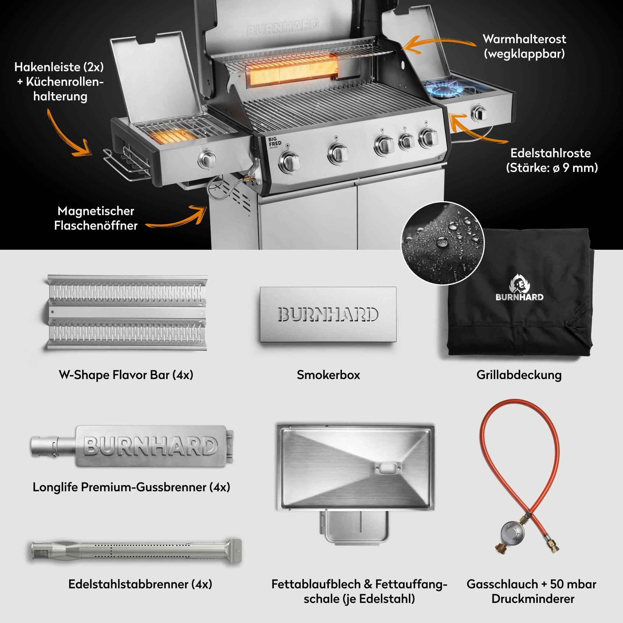 Burnhard Big FRED Deluxe+ Gasgrill Edelstahl 4-Brenner mit Edelstahlrost Series 4