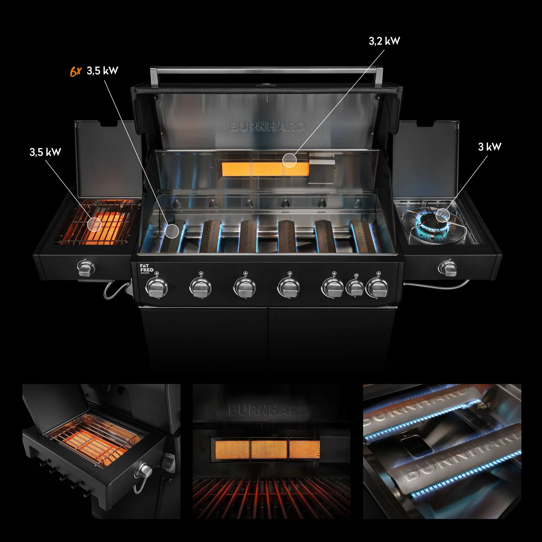 Burnhard Fat FRED Deluxe+ Gasgrill Black Edition 6-Brenner mit Edelstahlrost (Series 4)