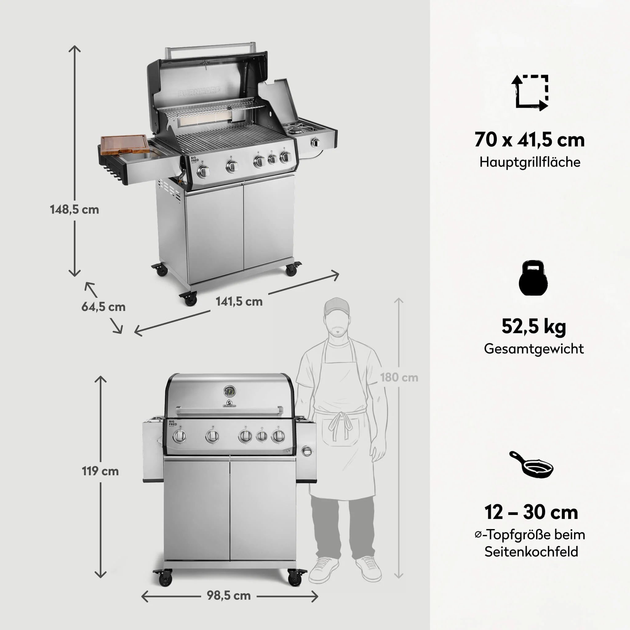 Burnhard Big FRED Deluxe Gasgrill Edelstahl 4-Brenner mit Edelstahlrost Series 4