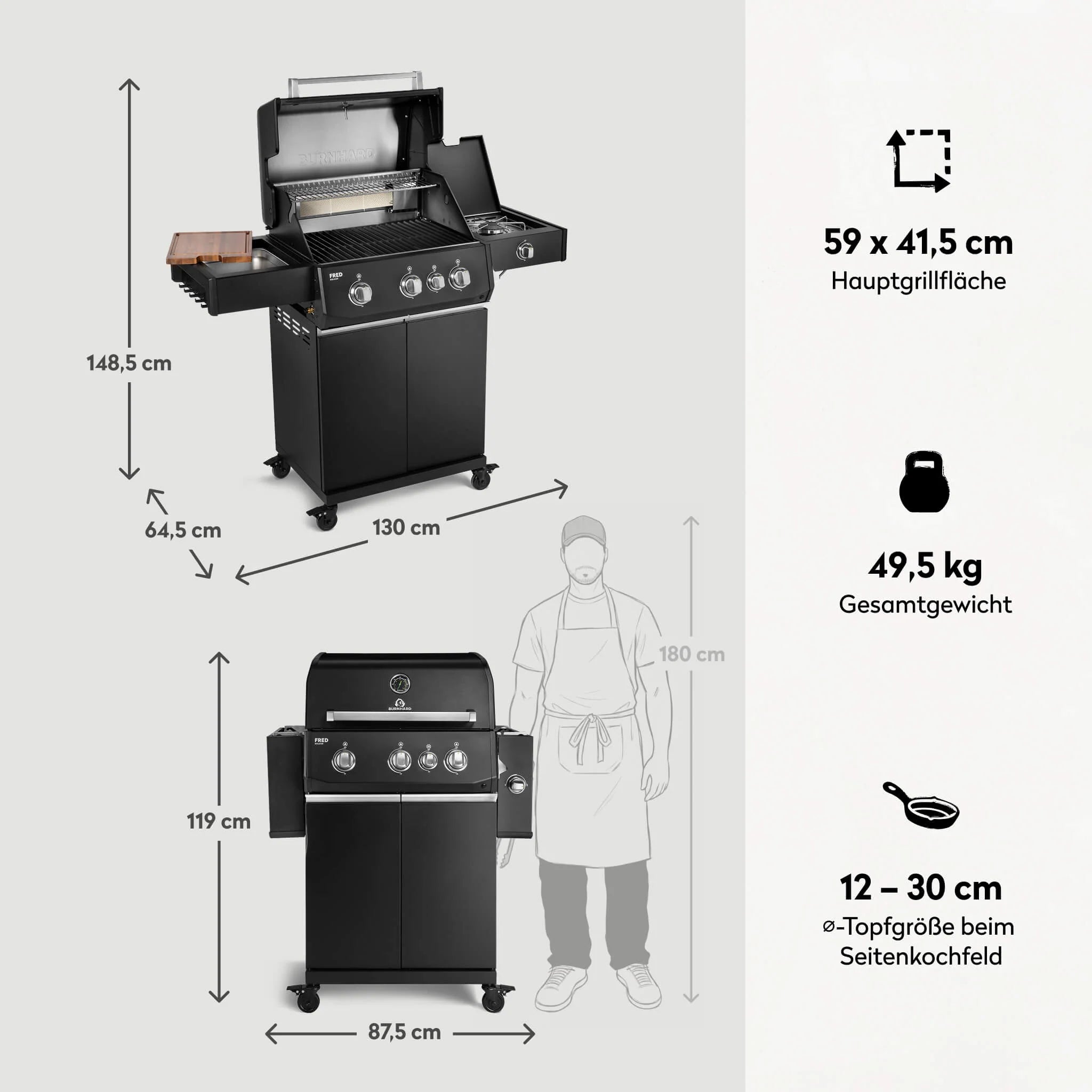 Burnhard FRED Deluxe Gasgrill 3-Brenner Black Edition mit Gusseisenrost Series 4