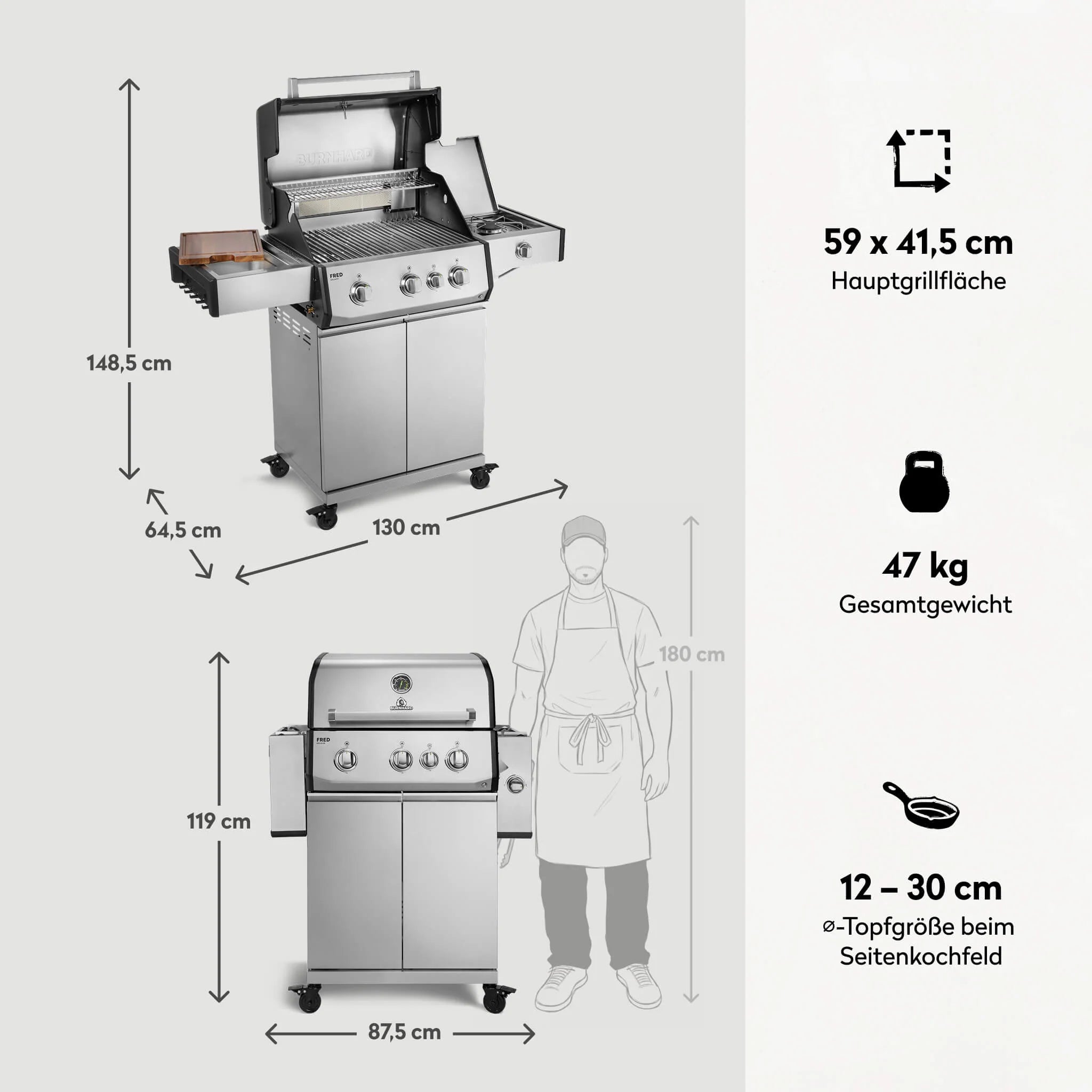 Burnhard FRED Deluxe Gasgrill 3-Brenner Edelstahl mit Gusseisenrost Series 4