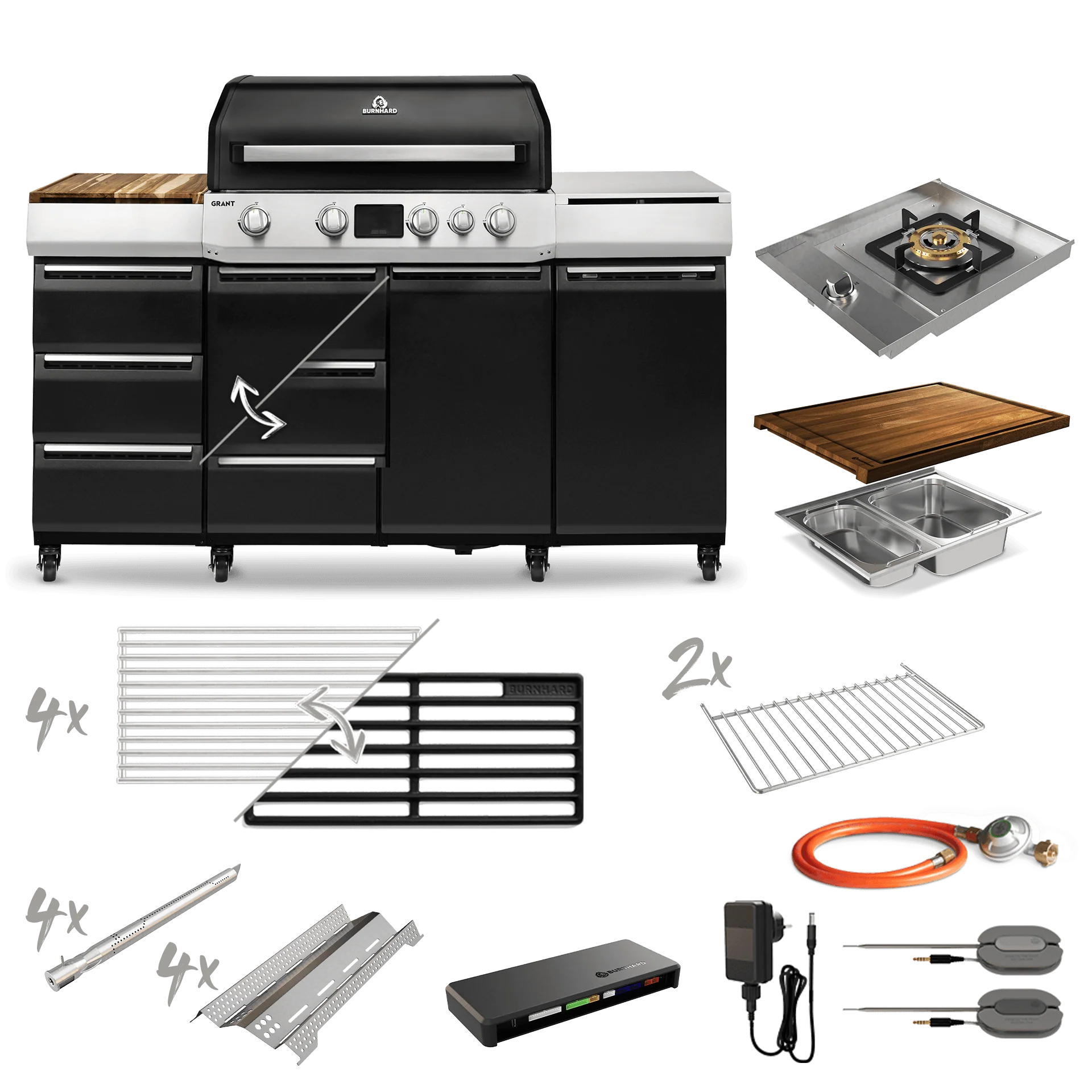 Burnhard GRANT Pro - Modularer Gasgrill 4-Brenner mit Schubladen und Gusseisenrost