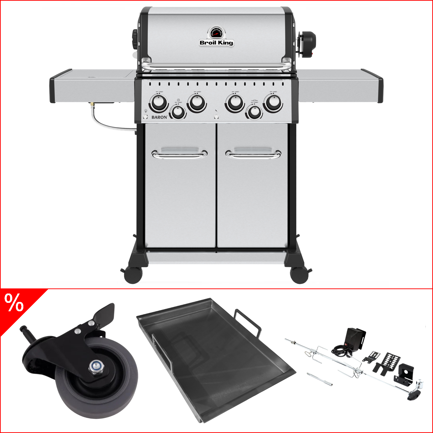 Broil King Baron S 490 IR inkl. Einsatzpfanne, Premium Lenkrollen Drehspieß & Infrarotbrenner