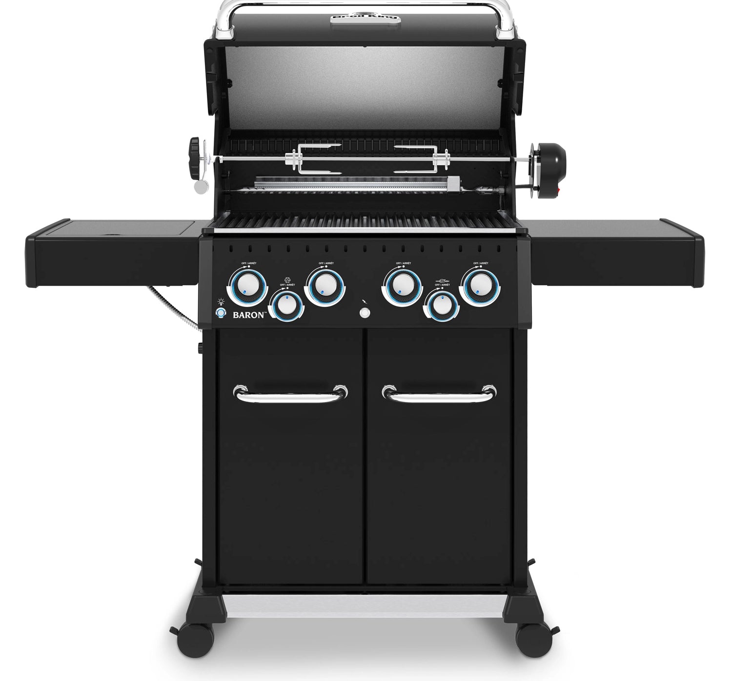 Frontansicht mit offenem Deckel: Baron 490 IR Shadow von Broil King inkl. Rotisserie &amp; Infrarot-Seitenbrenner