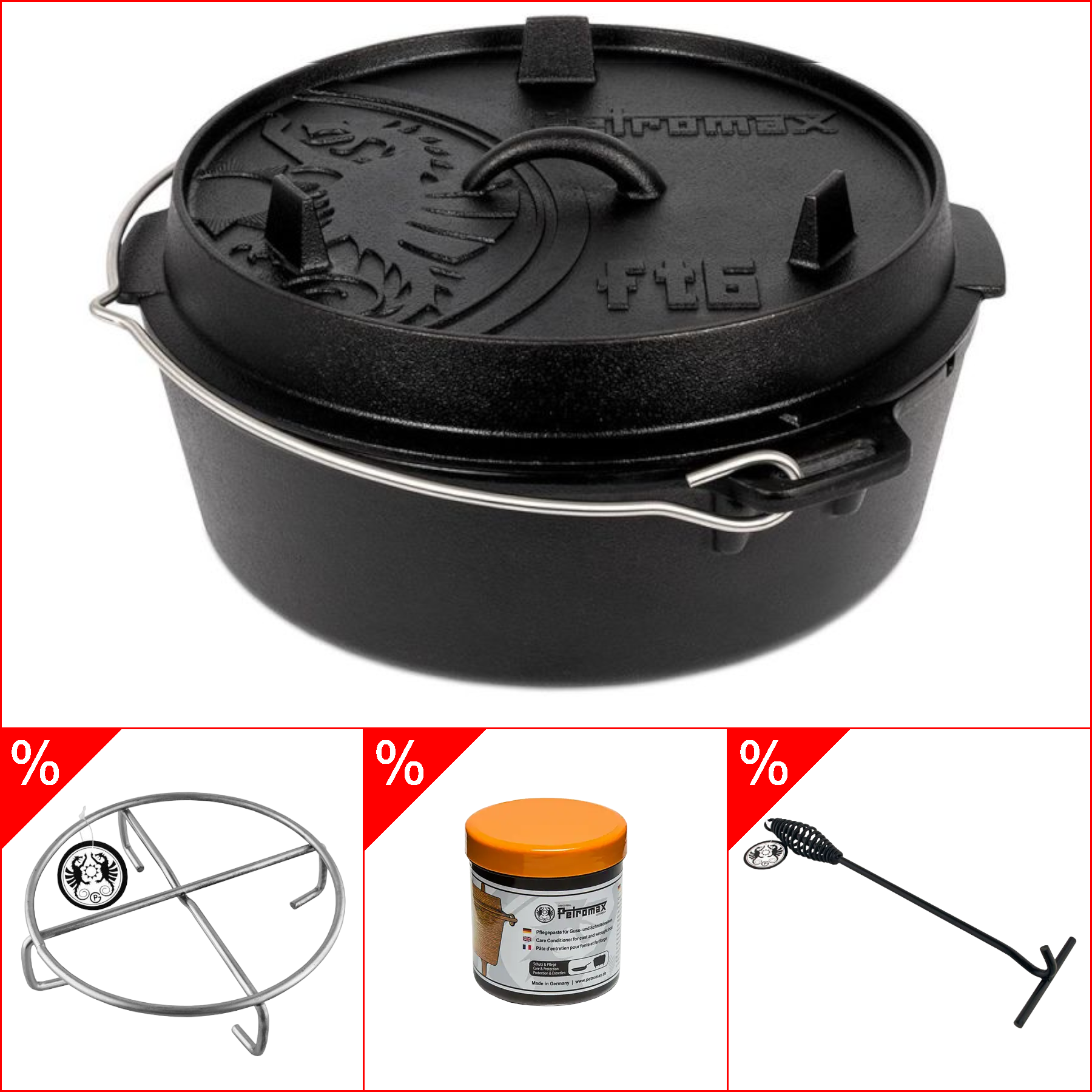 Petromax ft6 Dutch Oven 5,5l - ohne Füssen im Set inkl. Deckelheber, Pflegepaste & Untersetzer