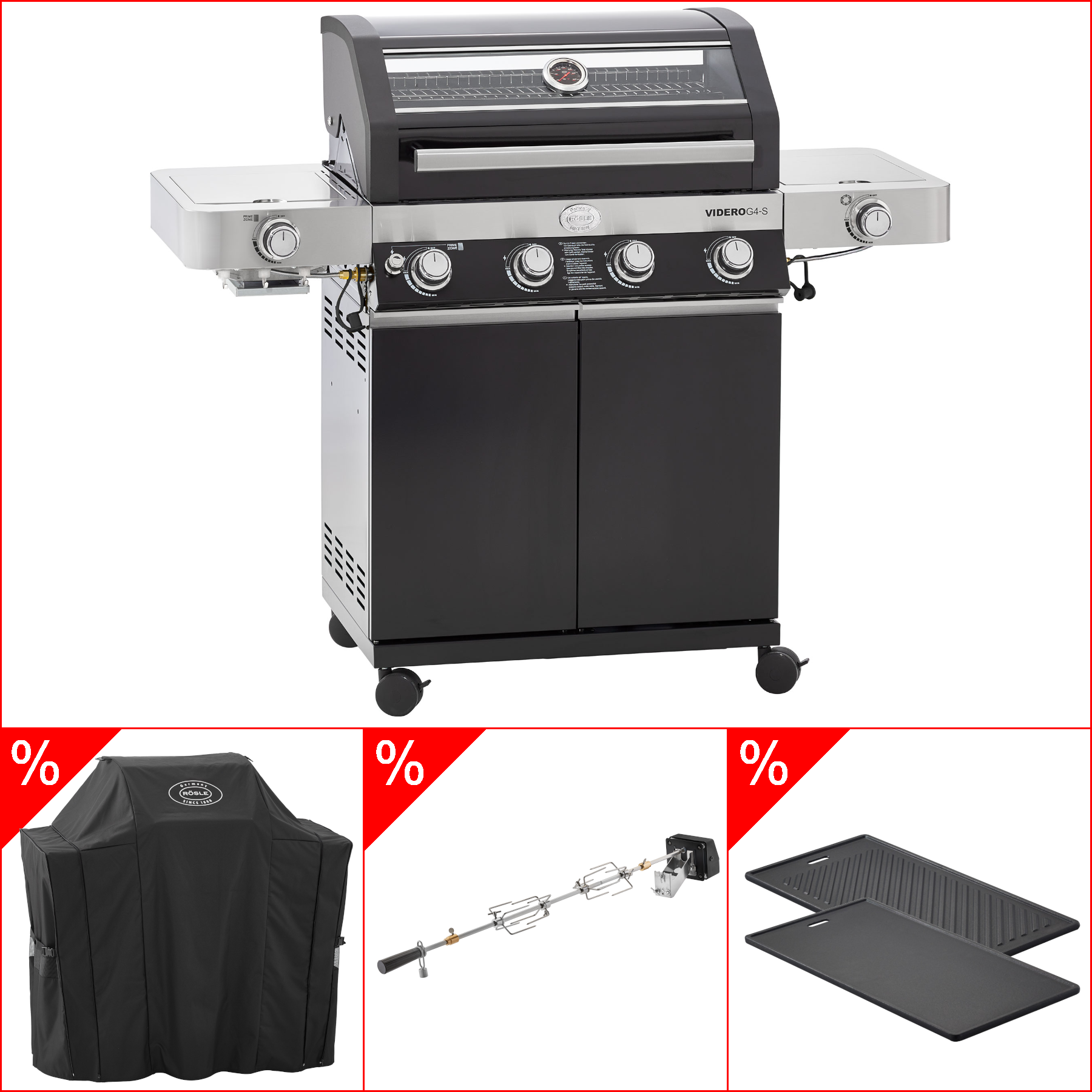 Rösle Videro G4-S Vario+ schwarz - Modell 2023 inkl. Abdeckhaube, Rotisserie & Grillplatte