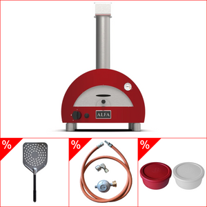 Alfa Forni Portable, Gas in ROT inkl. Gasanschluss-Set, Pizzaschaufel & Pizzaballenbox Set