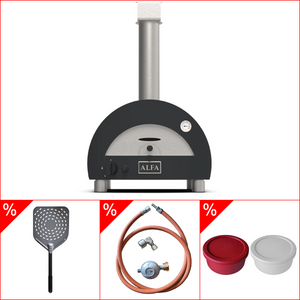 Alfa Forni Portable, Gas in GRAU inkl. Gasanschluss-Set, Pizzaschaufel & Pizzaballenbox Set