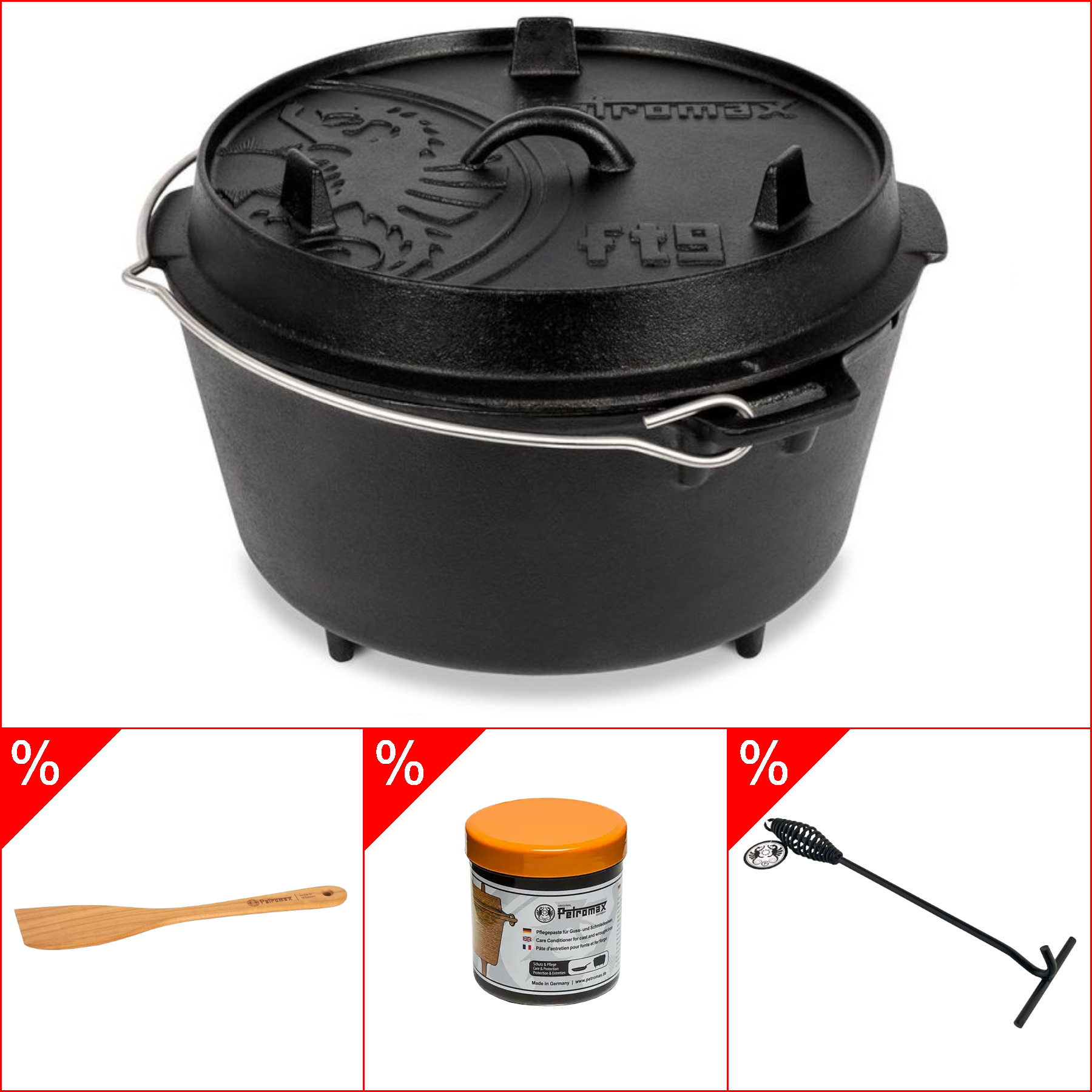 Petromax ft4,5 Dutch Oven 3,5l - mit Füssen im Set inkl. Deckelheber, Pflegepaste & Holzspachtel