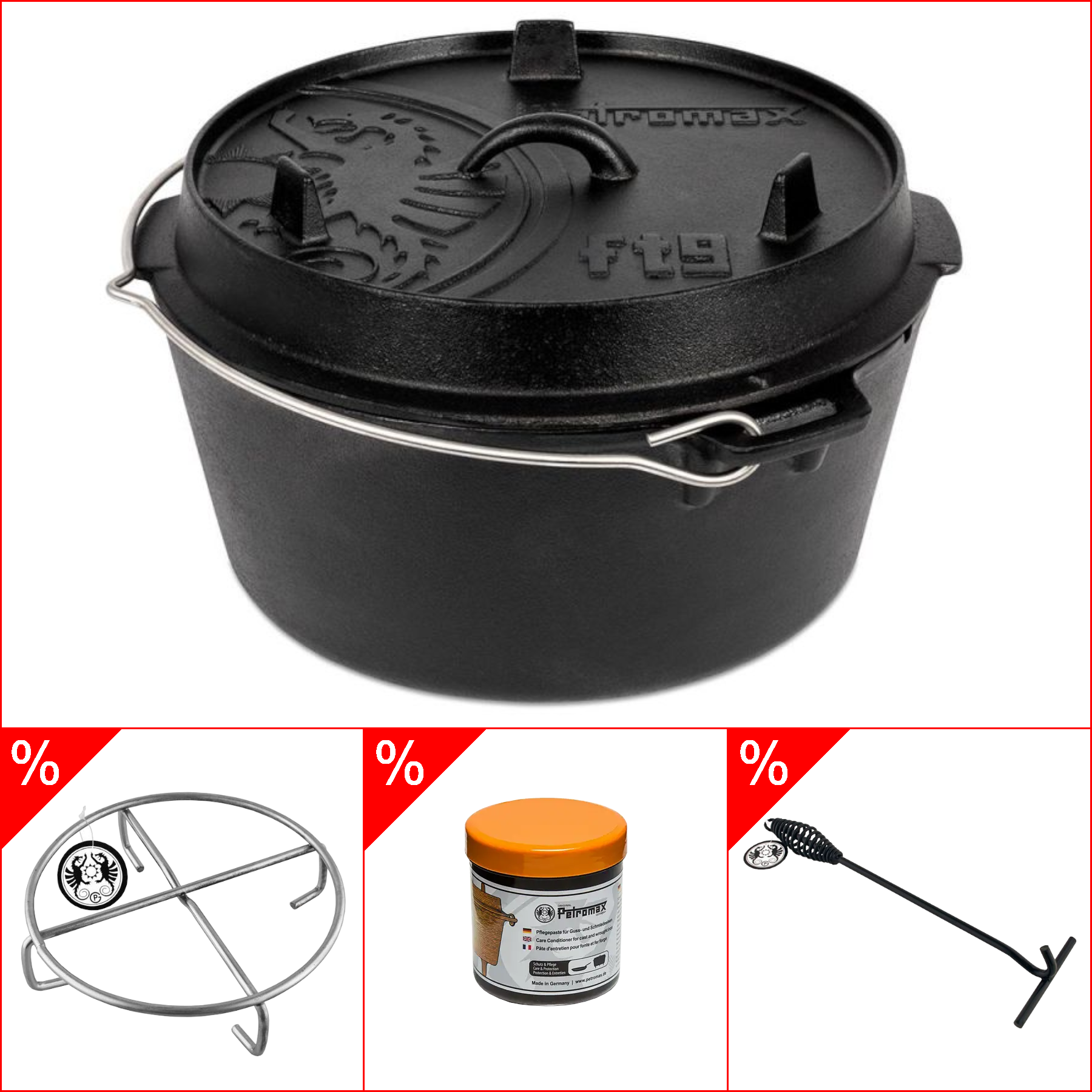 Petromax ft9 Dutch Oven 7,5l - ohne Füssen im Set inkl. Deckelheber, Pflegepaste & Untersetzer