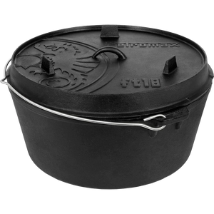 Produktbild gusseiserner 18er Dutch Oven ohne Füße, mit Deckel und Henkel in Frontansicht von Petromax