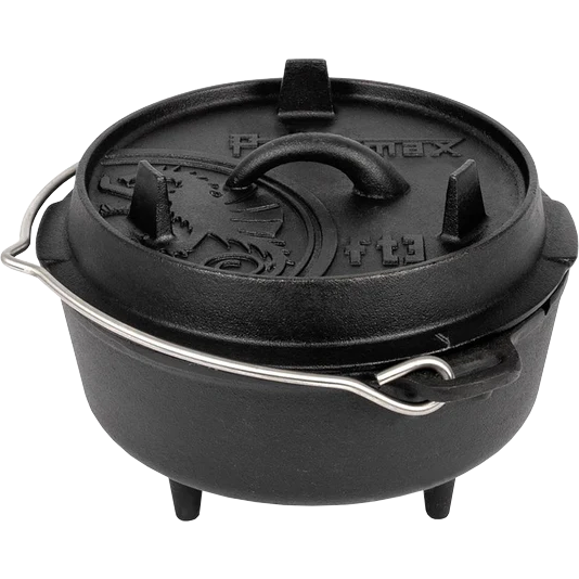 gusseiserner 3er Dutch Oven mit Füßen, Deckel und Henkel in Frontansicht von Petromax