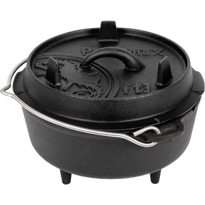 Produktbild gusseiserner 3er Dutch Oven mit Füßen, Deckel und Henkel in Frontansicht von Petromax