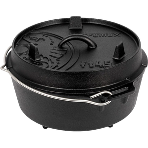 Produktbild gusseiserner 4,5er Dutch Oven mit Füßen, Deckel und Henkel in Frontansicht von Petromax