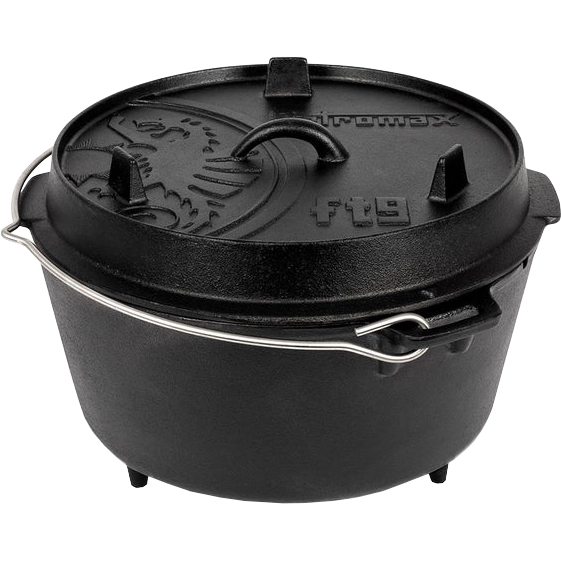 Produktbild gusseiserner 9er Dutch Oven mit Füßen, Deckel und Henkel in Frontansicht von Petromax
