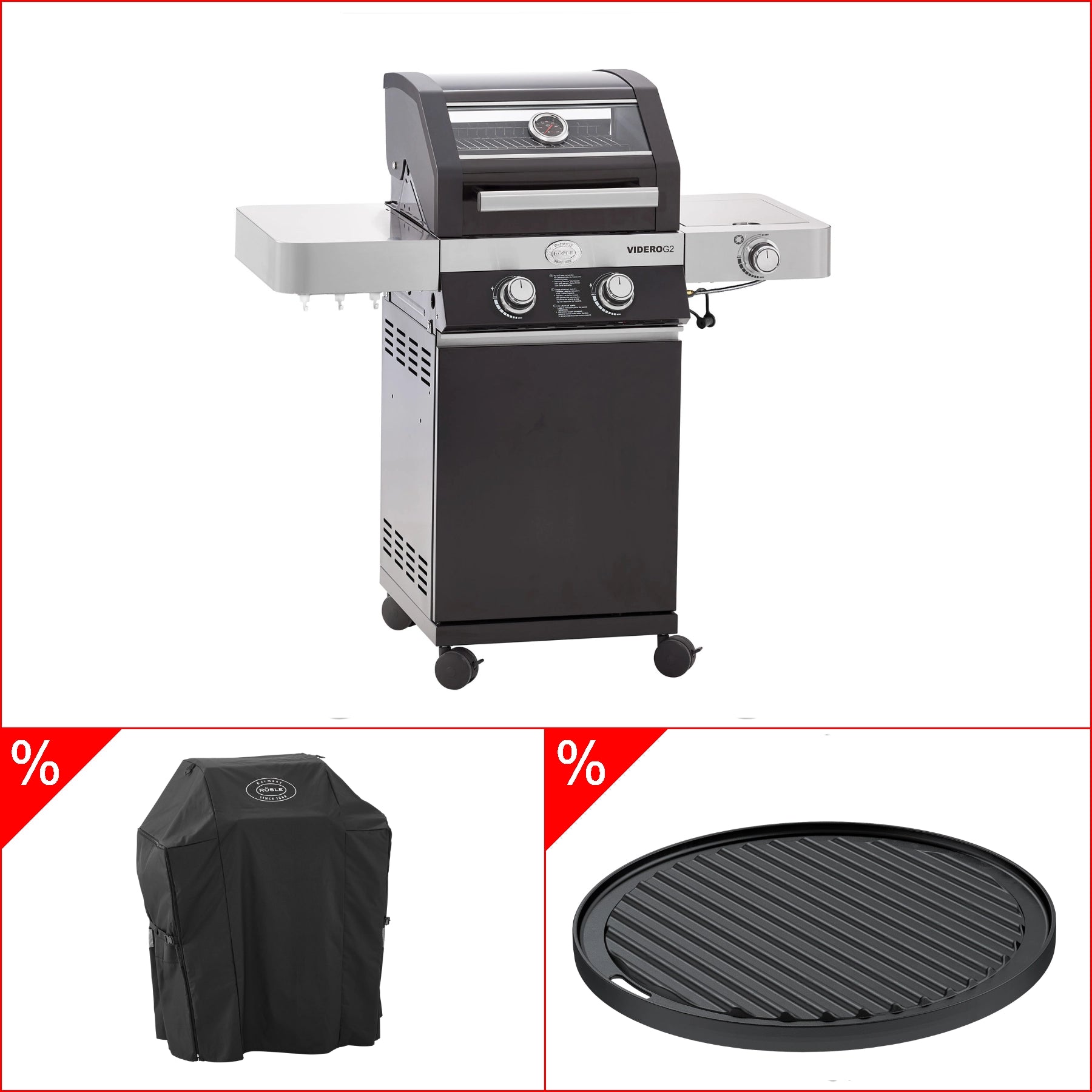 Rösle VIDERO G2 schwarz 50 mbar Bundle inkl. Abdeckhaube und Grillplatte, rund