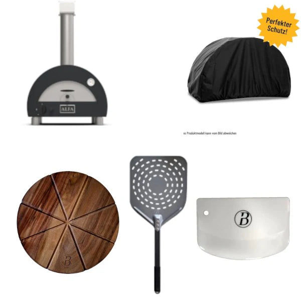 Alfa Forni Portable GRAU inkl. Abdeckhaube, Babossa Pizzaschaufel, Teigschaber 2 Stk. & Pizzabrett